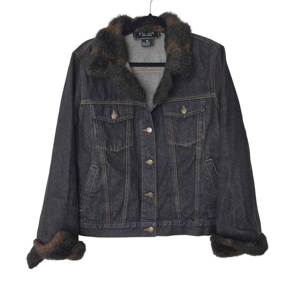 Fu Da Denim Jacket Women M Dark Wash Faux Fur Collar Cuffs Trucker Coat VTG Y2K
